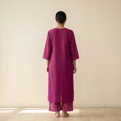 Women's Premium Magenta Cotton Tie-Dye Embroidered Kurta