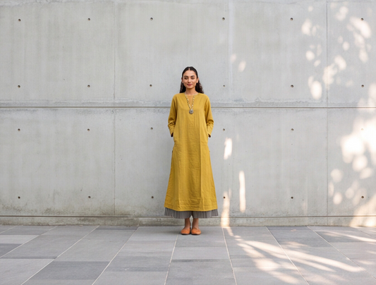 Mustard Yellow Straight Kurta with Striped Palazzo Set