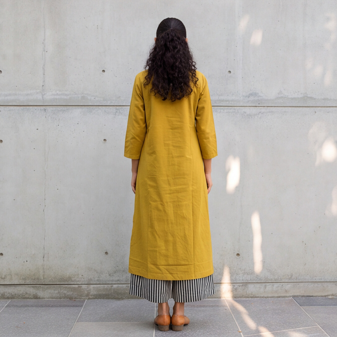 Mustard Yellow Straight Kurta with Striped Palazzo Set