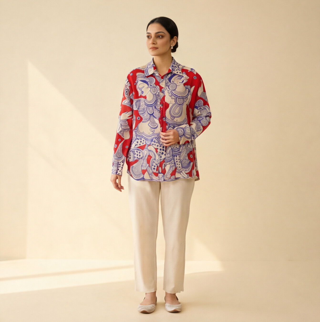 Women's Premium Red & Ivory Cotton Printed Shirt