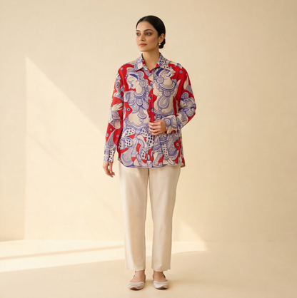 Women's Premium Red & Ivory Cotton Printed Shirt