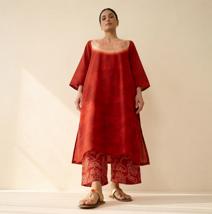 Women's Premium Red Cotton Tie-Dye Embroidered Kurta
