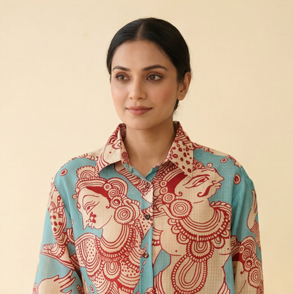 Women's Premium Sky Blue Cotton Printed Shirt