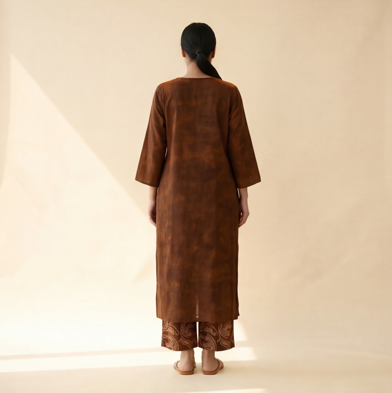 Women's Premium Brown Cotton Tie-Dye Embroidered Kurta Set