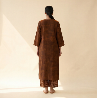 Women's Premium Brown Cotton Tie-Dye Embroidered Kurta Set