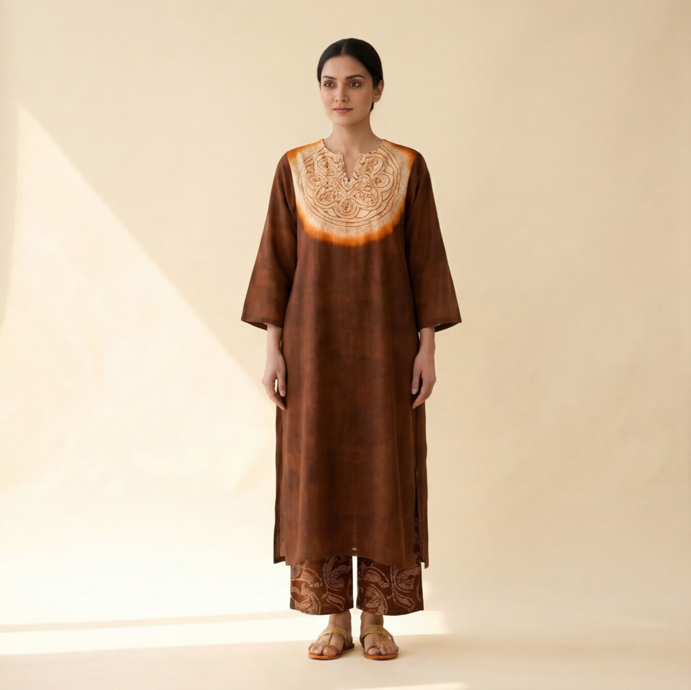 Women's Premium Brown Cotton Tie-Dye Embroidered Kurta Set