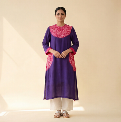 Women's Premium Purple Cotton Embroidered Kurta Set