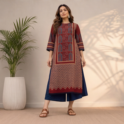 Maroon Geometric Printed Straight Kurta Set with Navy Blue Palazzo