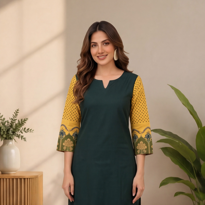 Women's Dark Green Straight Kurta Set with Mustard Printed Sleeves