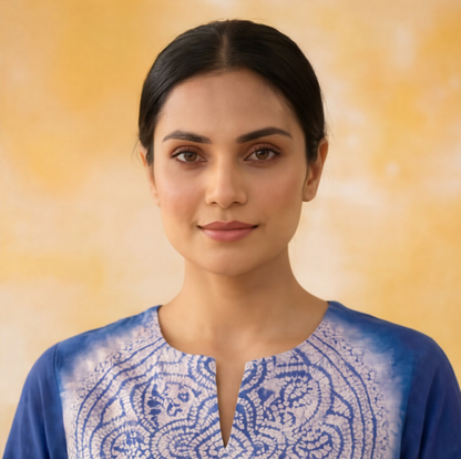 Women's Premium Blue Cotton Tie-Dye Embroidered Kurta