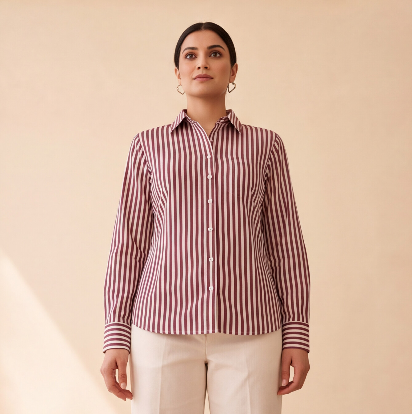 Women's Maroon & White Striped Casual Shirt – Product Description (Shirt Only)