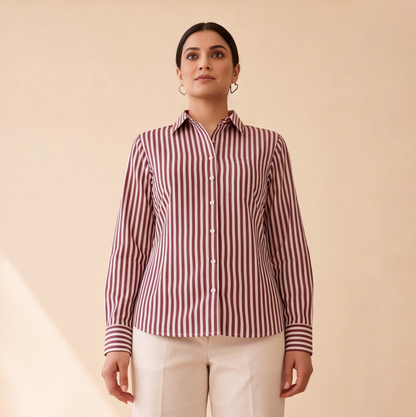 Women's Maroon & White Striped Casual Shirt – Product Description (Shirt Only)