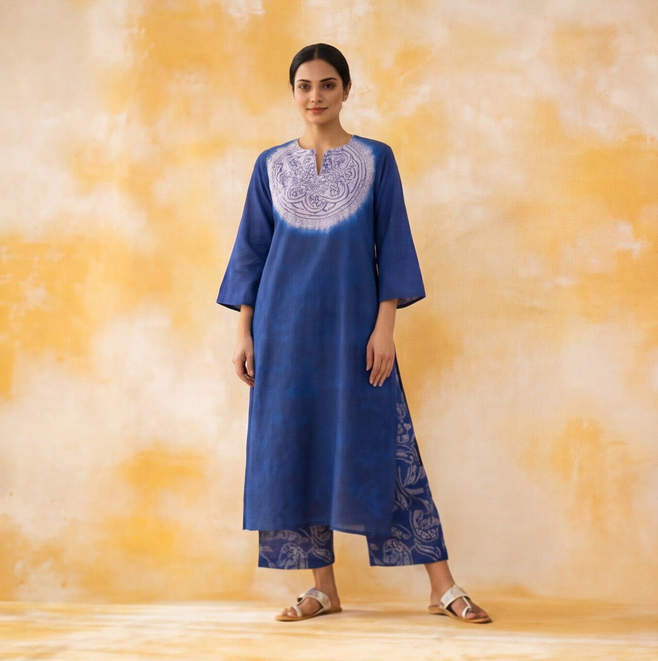 Women's Premium Blue Cotton Tie-Dye Embroidered Kurta