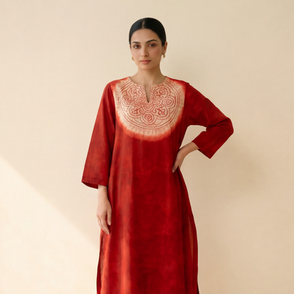Women's Premium Red Cotton Tie-Dye Embroidered Kurta