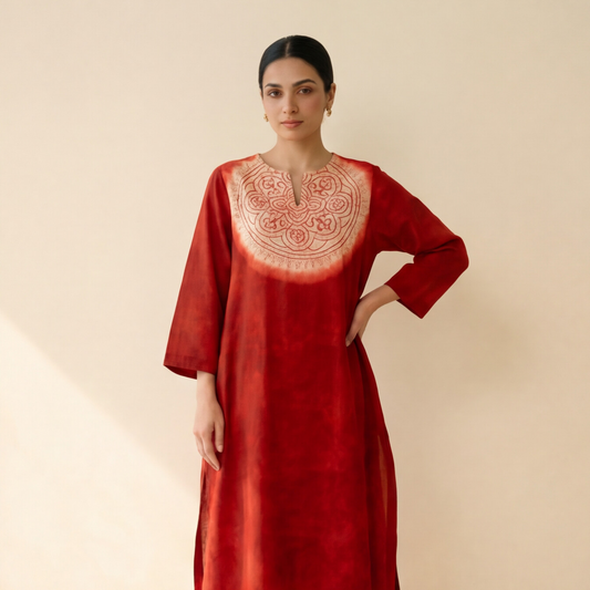 Women's Premium Red Cotton Tie-Dye Embroidered Kurta