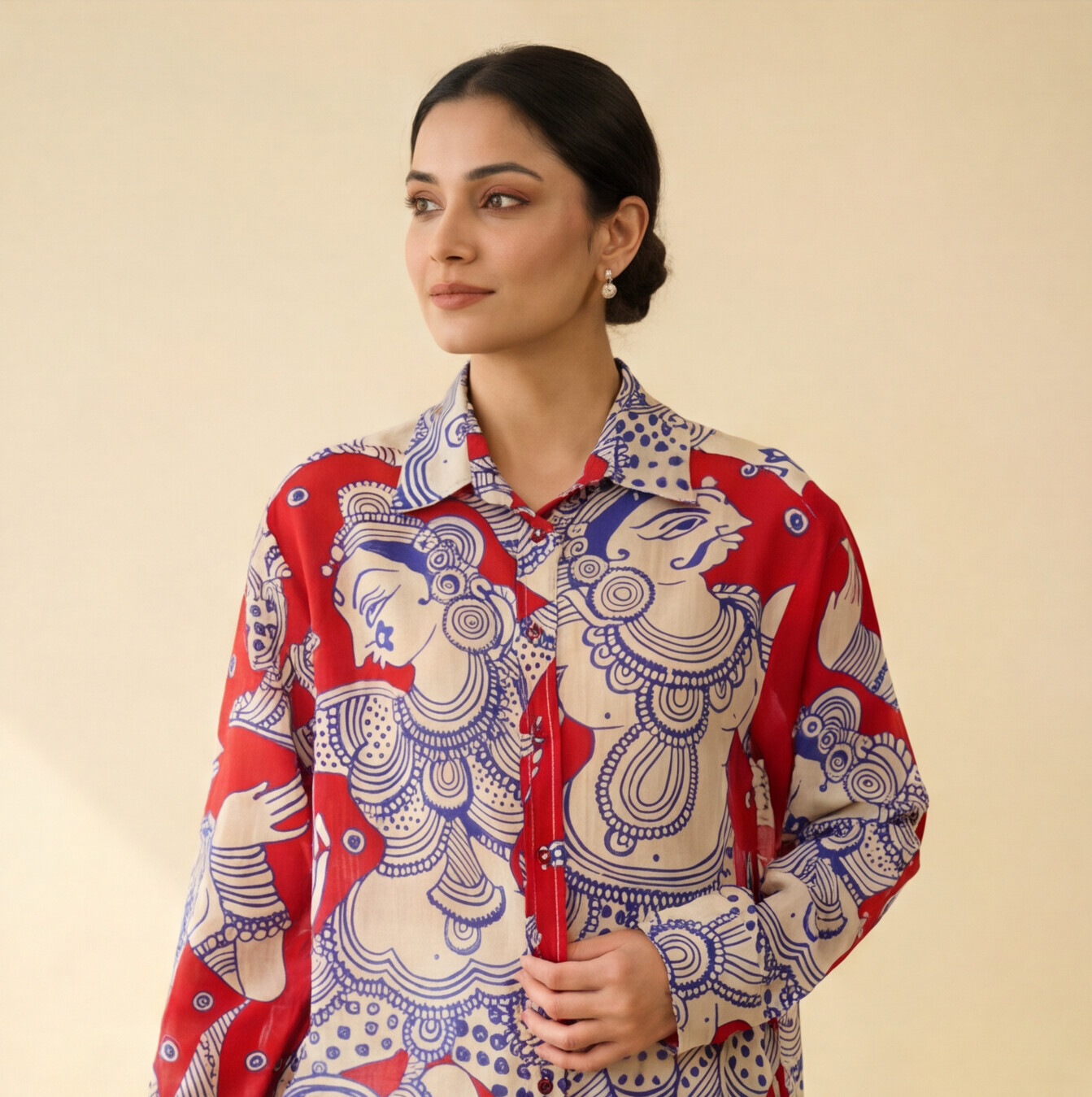 Women's Premium Red & Ivory Cotton Printed Shirt