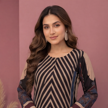Black & Beige Chevron Printed Straight Kurta Set with Navy Blue Palazzo