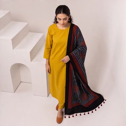 Mustard Yellow Kurta Set with Printed Dupatta