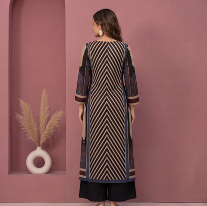 Black & Beige Chevron Printed Straight Kurta Set with Navy Blue Palazzo