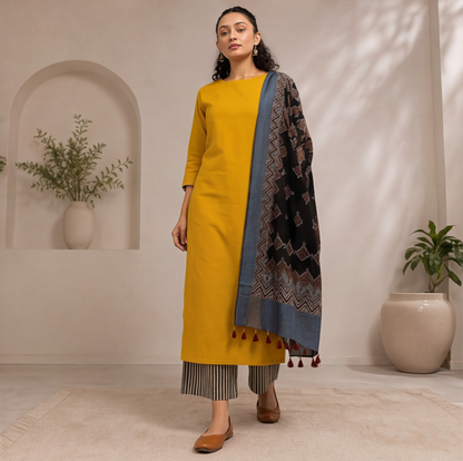 Women's Mustard Straight Kurta Set with Printed Dupatta