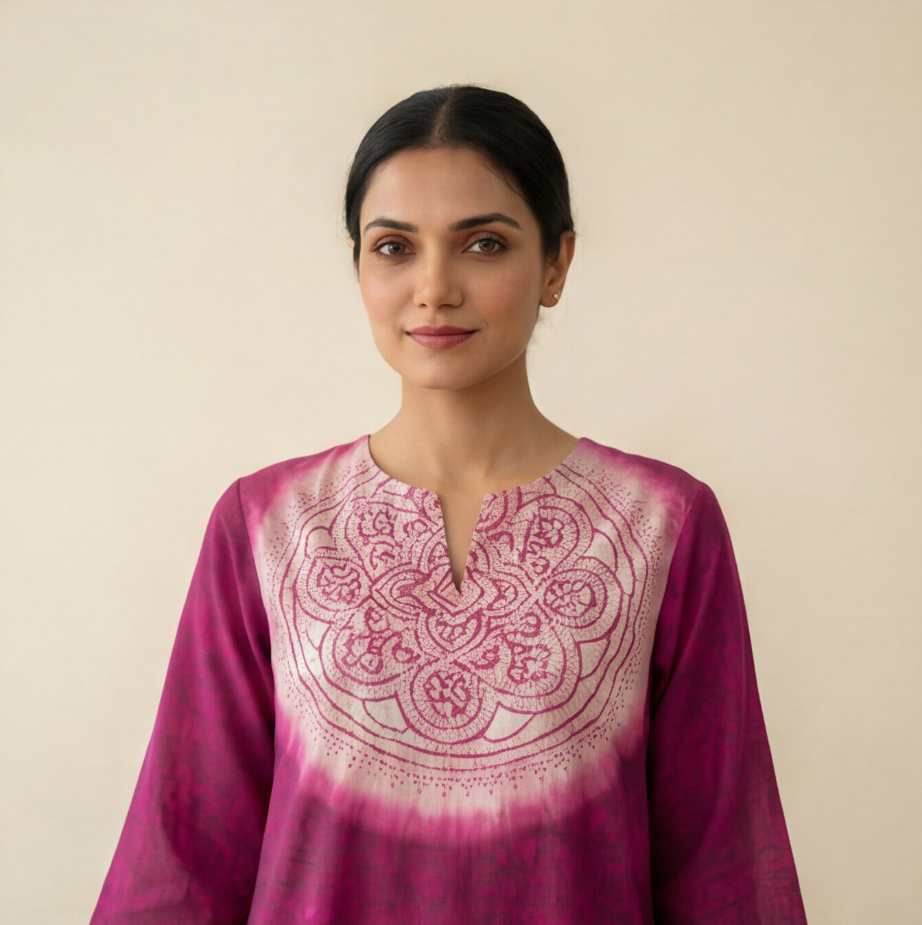 Women's Premium Magenta Cotton Tie-Dye Embroidered Kurta