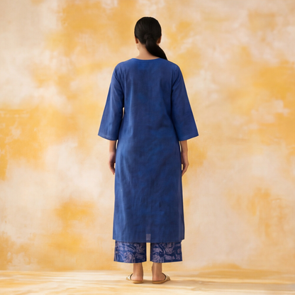 Women's Premium Blue Cotton Tie-Dye Embroidered Kurta