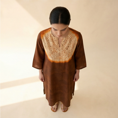 Women's Premium Brown Cotton Tie-Dye Embroidered Kurta Set