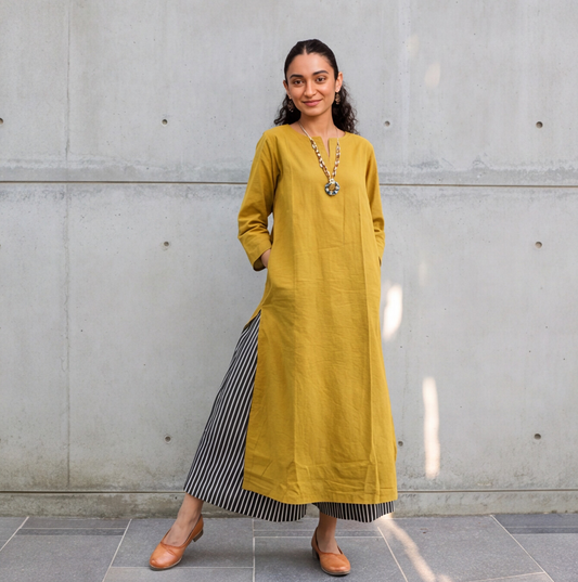 Mustard Yellow Straight Kurta with Striped Palazzo Set