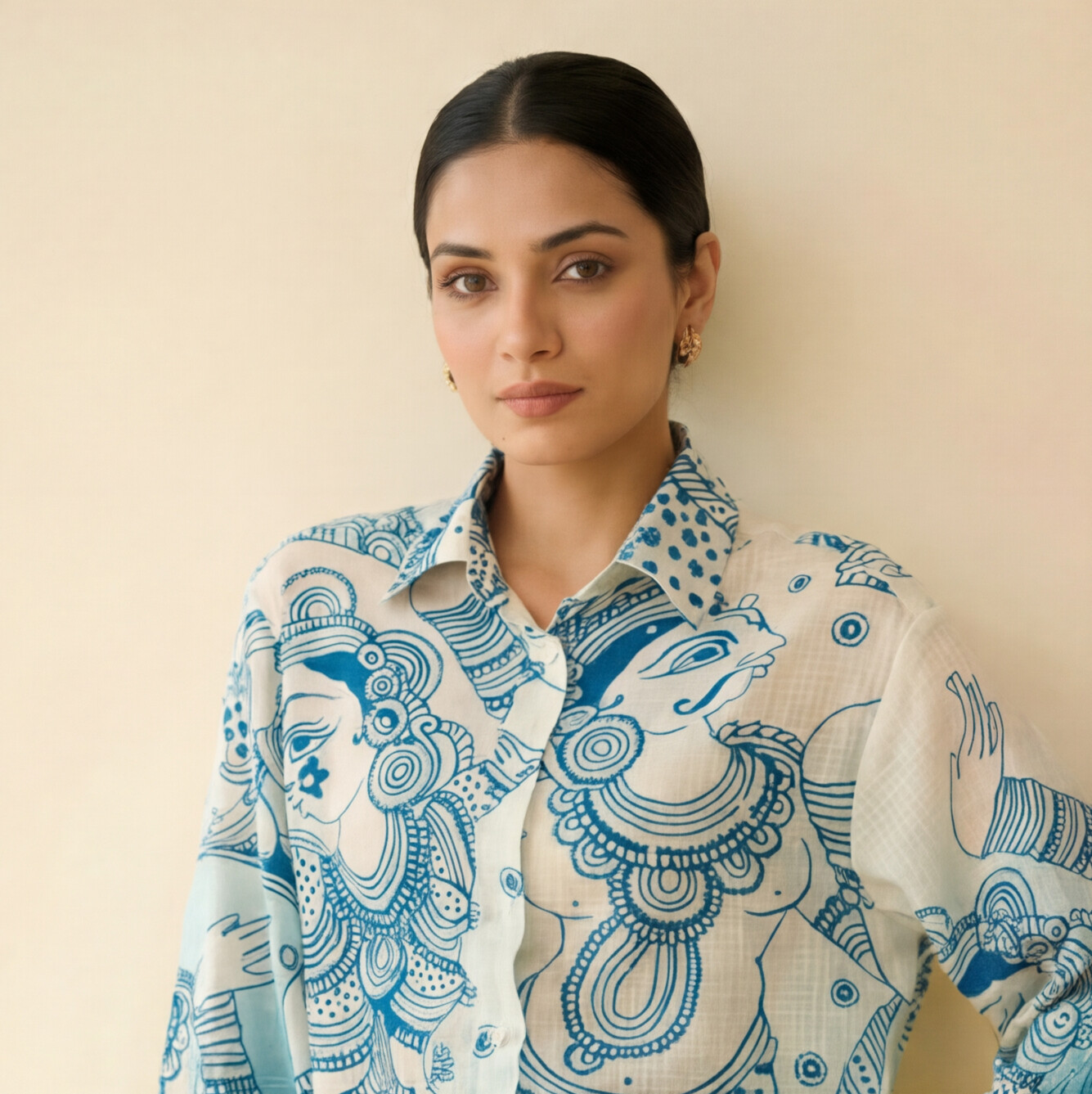 Women's Premium Sky Blue Cotton Printed Shirt