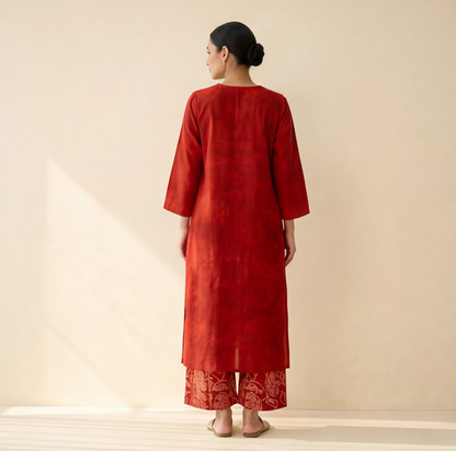 Women's Premium Red Cotton Tie-Dye Embroidered Kurta