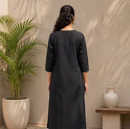 Women's Black Cotton A-Line Kurta