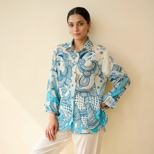 Women's Premium Sky Blue Cotton Printed Shirt