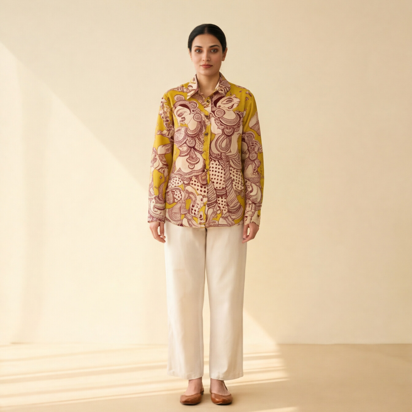Women's Premium Mustard Yellow Printed Cotton Shirt