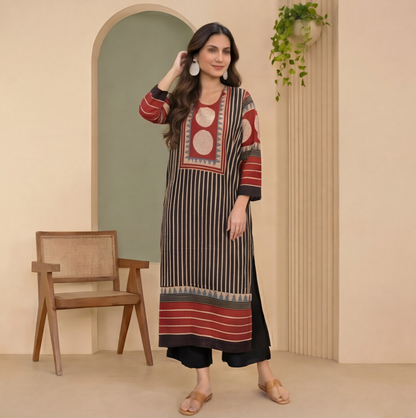 Rust Noir Geometric Printed Straight Kurta Set