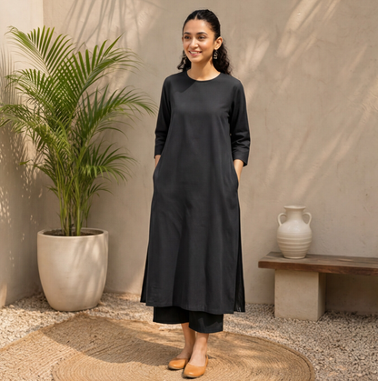 Women's Black Cotton A-Line Kurta