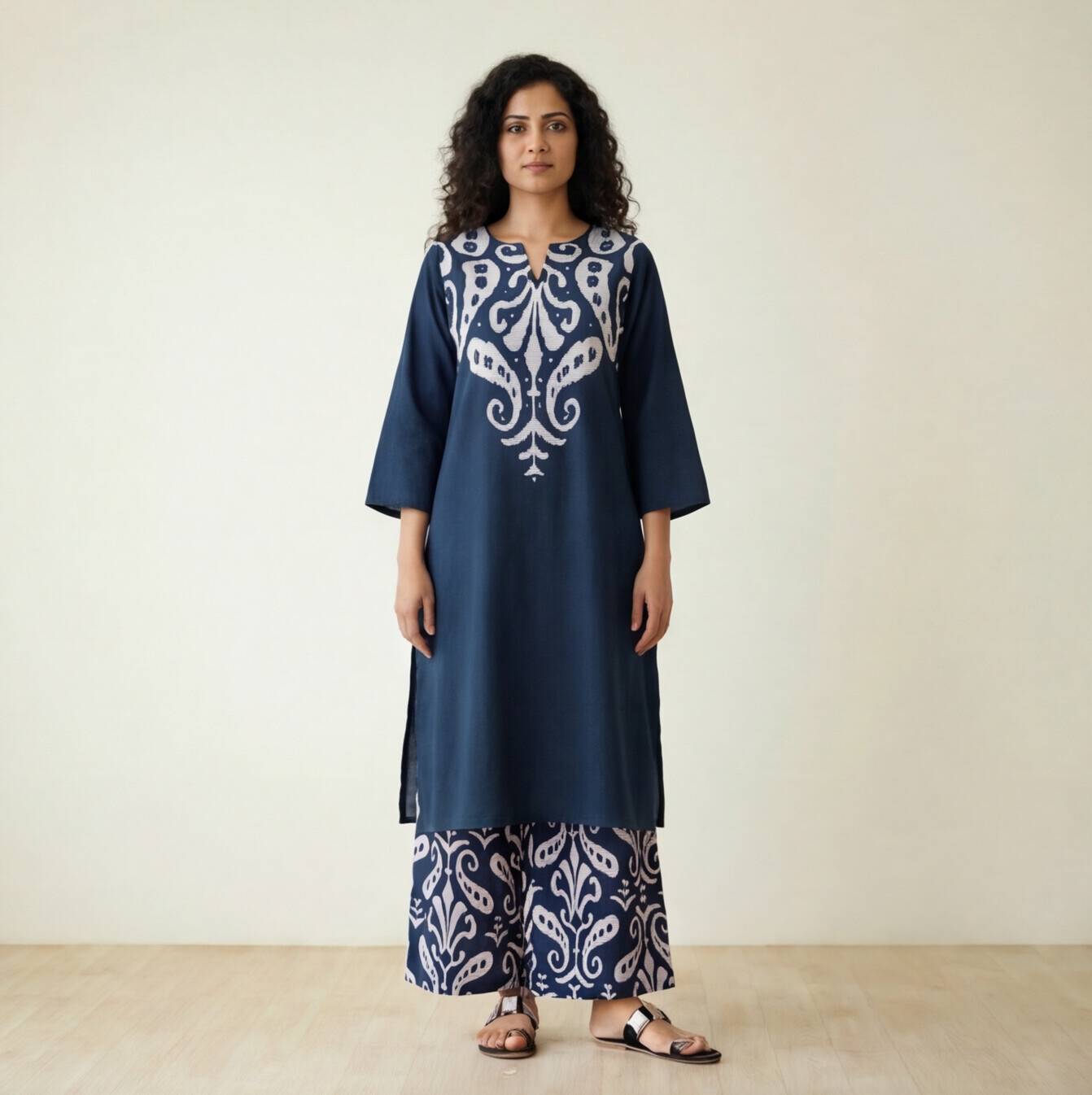 Slate Blue Botanical Print Pleated Dress