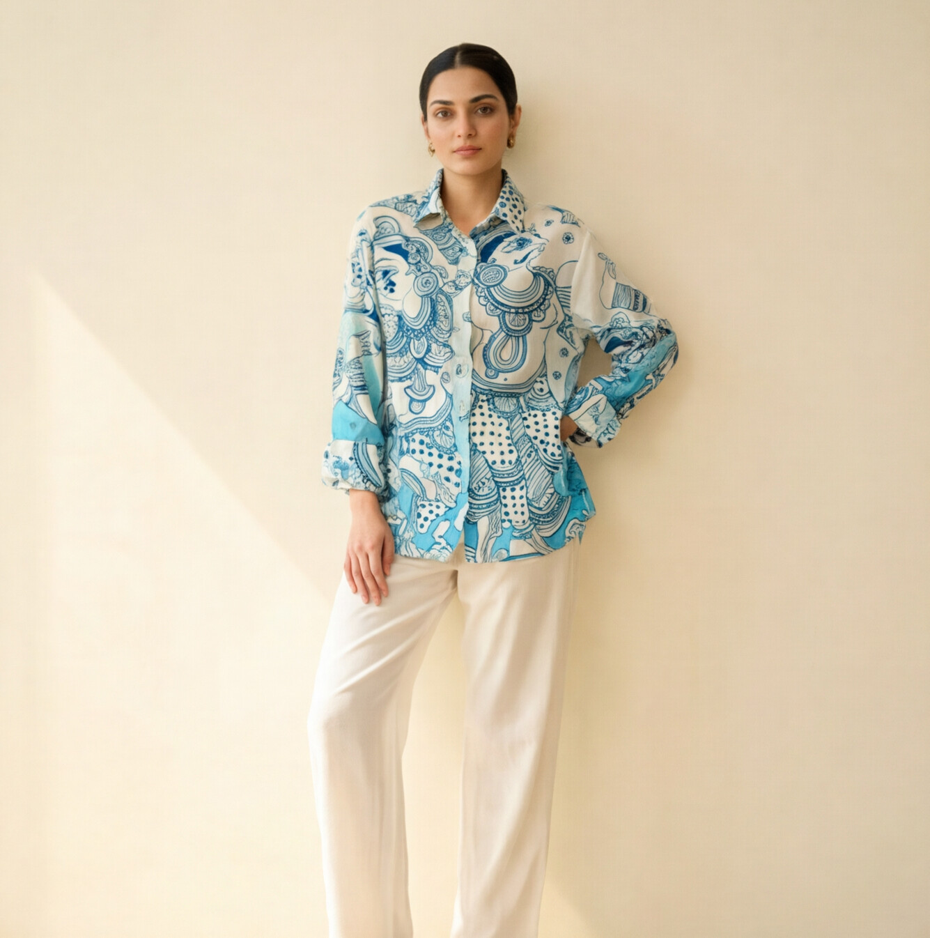 Women's Premium Sky Blue Cotton Printed Shirt