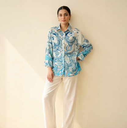 Women's Premium Sky Blue Cotton Printed Shirt