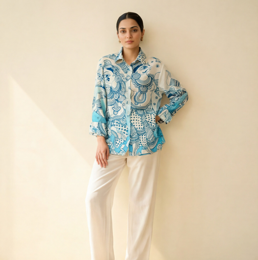 Women's Premium Sky Blue Cotton Printed Shirt