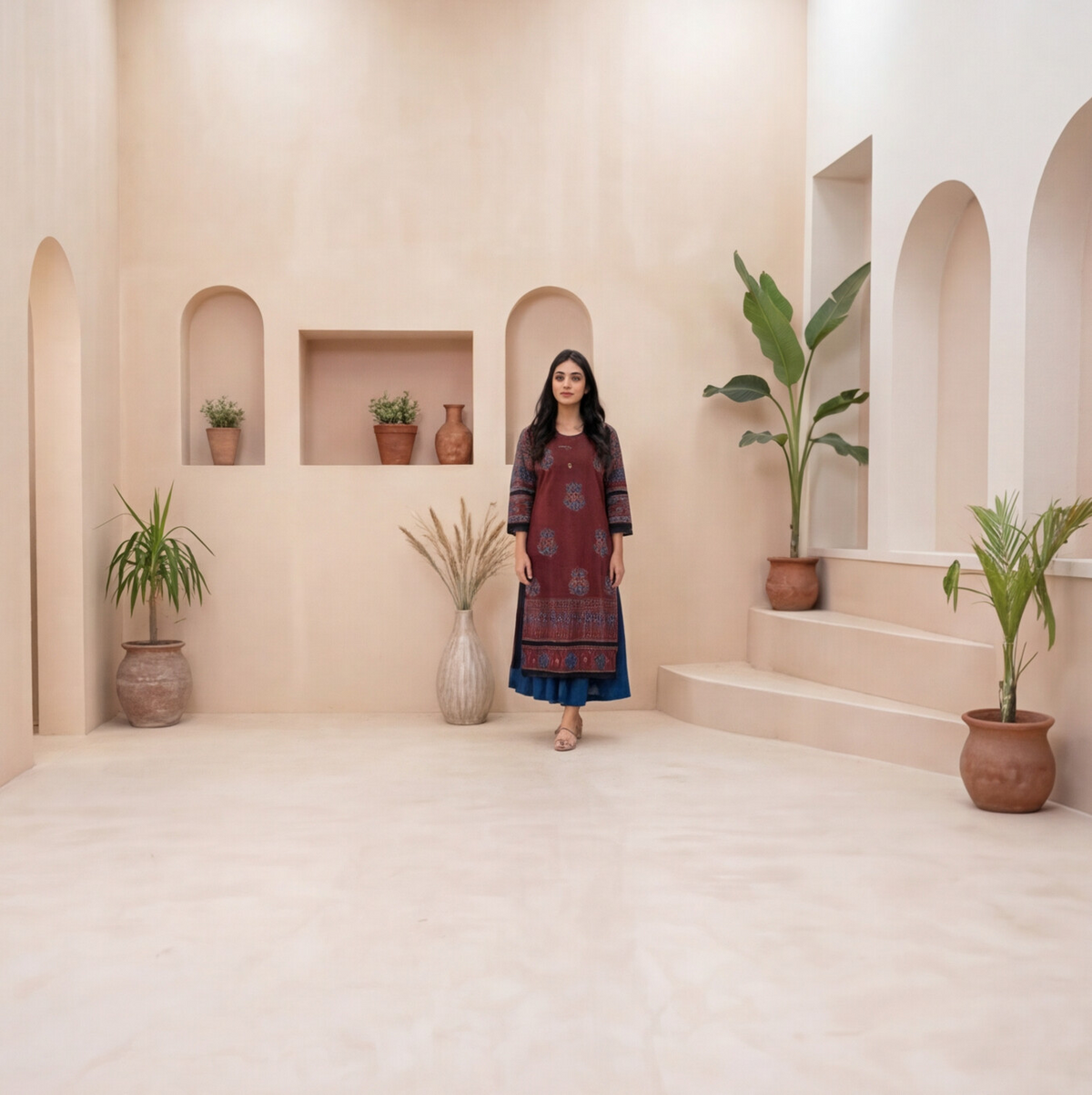 Wine Elegance Printed A-Line Kurta Set