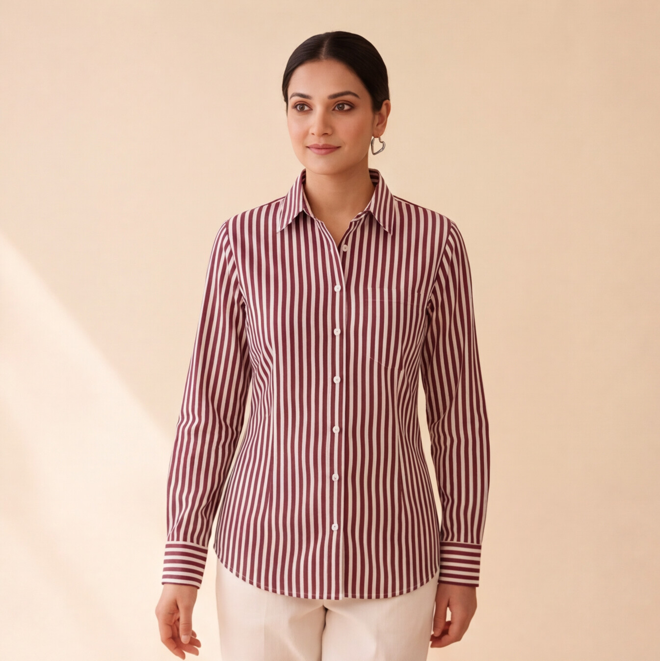 Women's Maroon & White Striped Casual Shirt – Product Description (Shirt Only)
