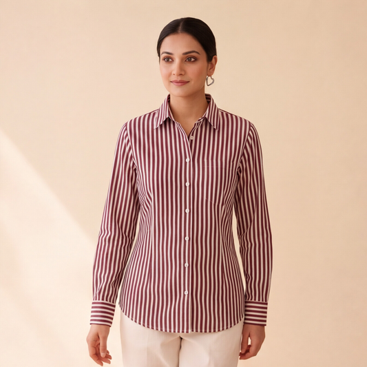Women's Maroon & White Striped Casual Shirt – Product Description (Shirt Only)