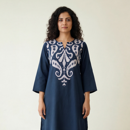 Slate Blue Botanical Print Pleated Dress
