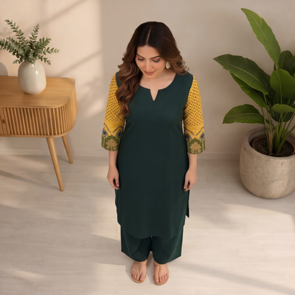 Women's Dark Green Straight Kurta Set with Mustard Printed Sleeves
