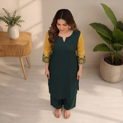Women's Dark Green Straight Kurta Set with Mustard Printed Sleeves