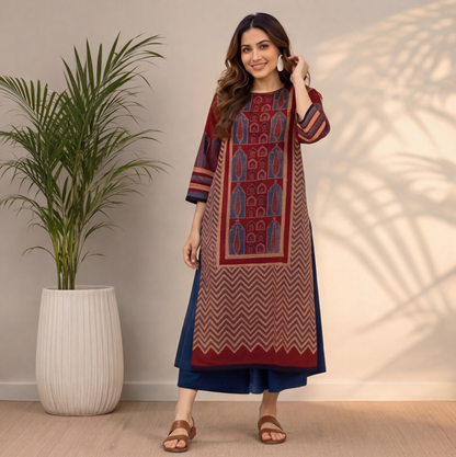 Maroon Geometric Printed Straight Kurta Set with Navy Blue Palazzo