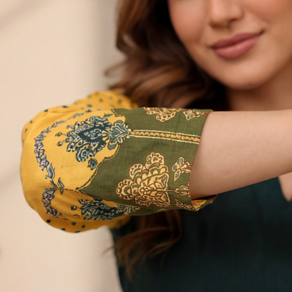 Women's Dark Green Straight Kurta Set with Mustard Printed Sleeves