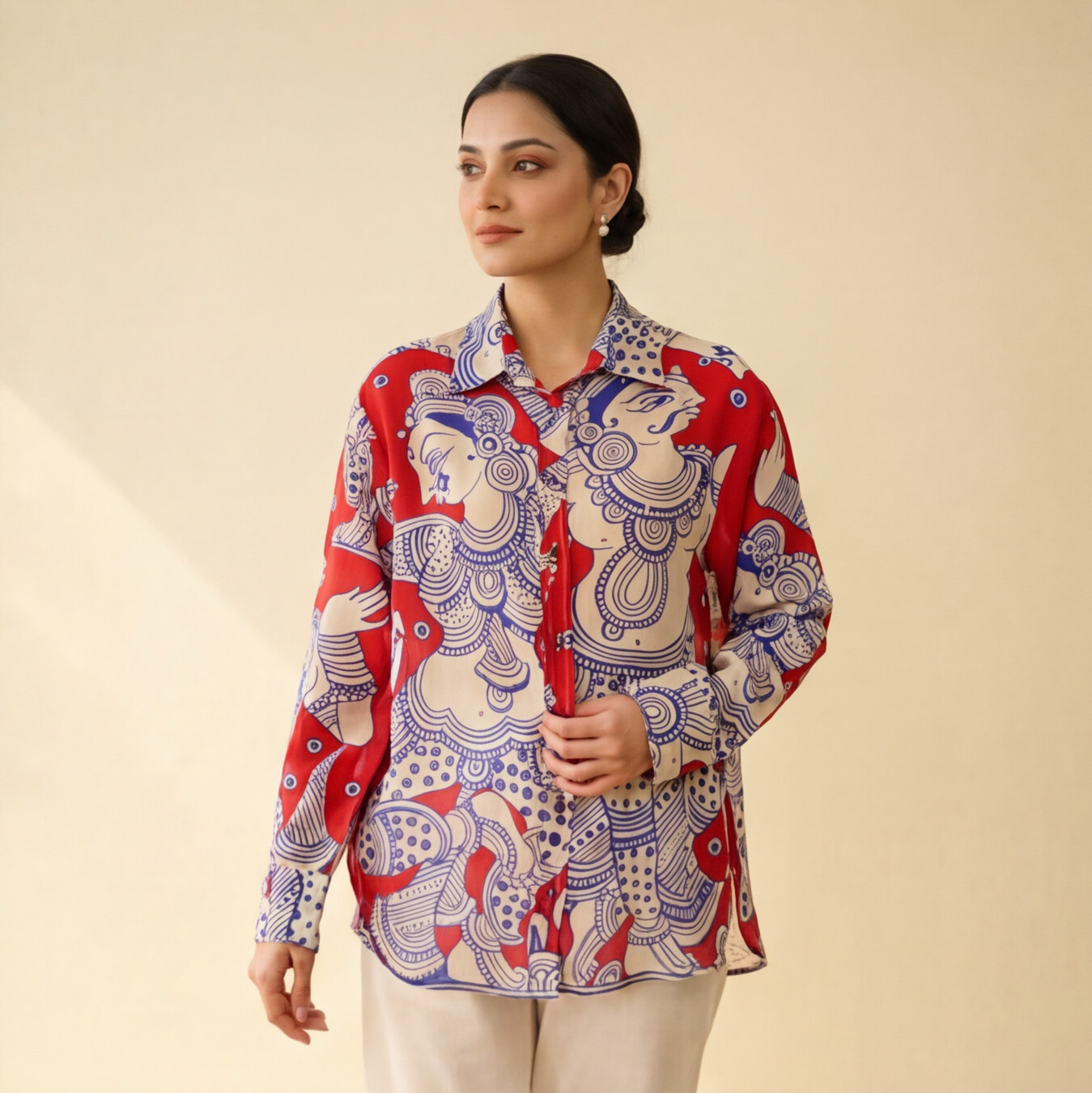 Women's Premium Red & Ivory Cotton Printed Shirt