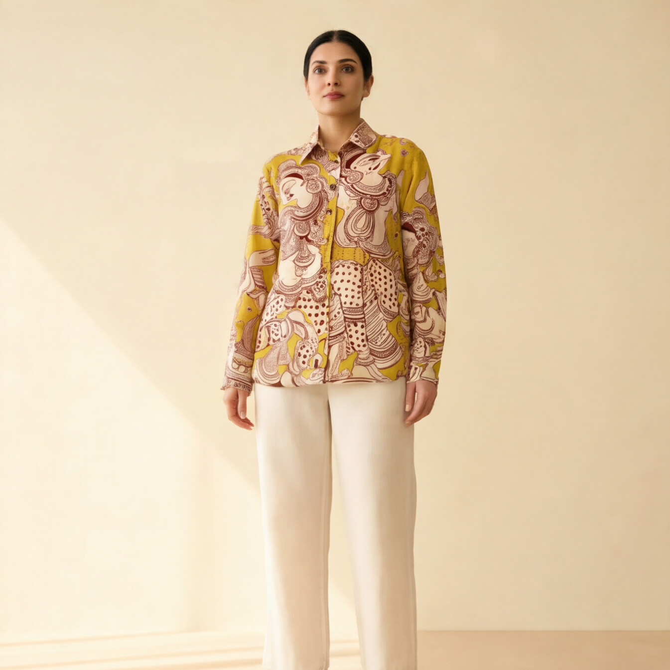 Women's Premium Mustard Yellow Printed Cotton Shirt