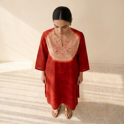 Women's Premium Red Cotton Tie-Dye Embroidered Kurta